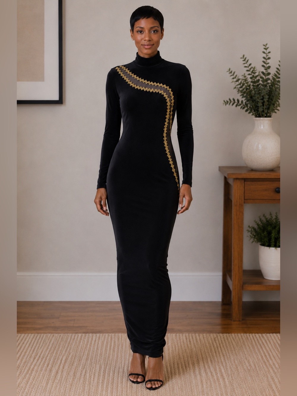 Black Mock Neck Maxi Dress Gold/multi Embellished Size Small